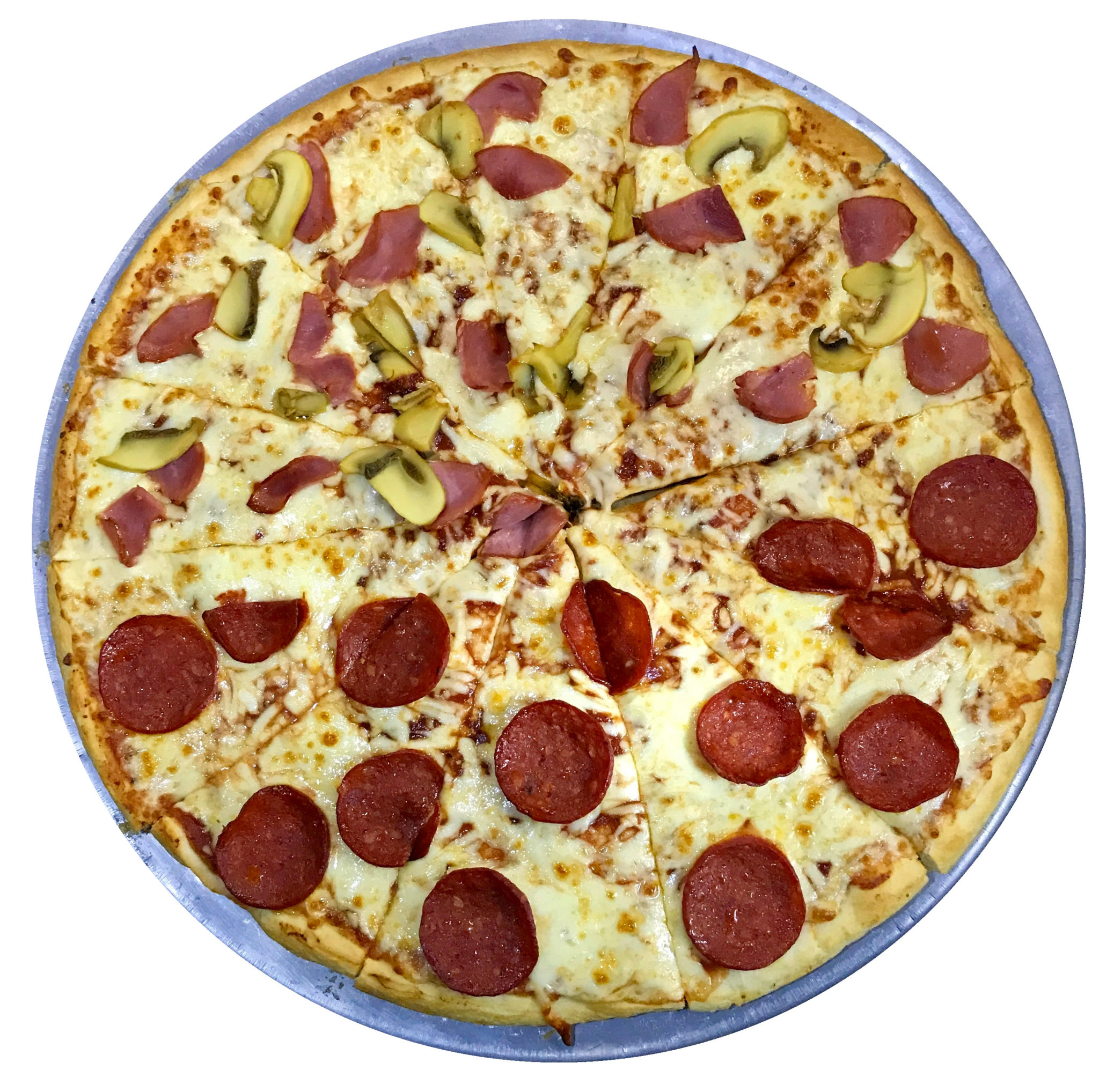 jumbo mitad pepperoni mitad jamon hongos Novízzima Pizza de